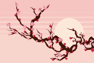 Tapeta Gałąź z kwiatami brzoskwini na tle słońca 0373