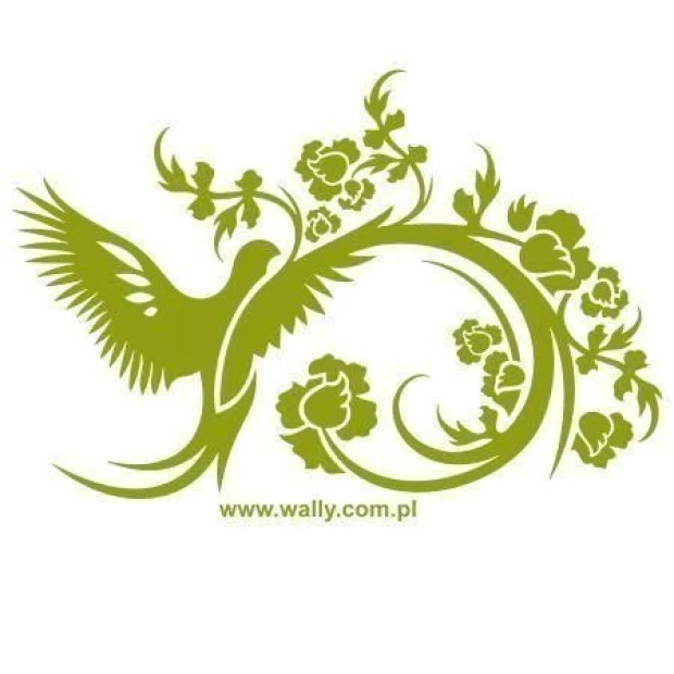 Szablon malarski na białym tle z przykładowym zielonym wzorem chińskiego ptaka i motywów roślinnych