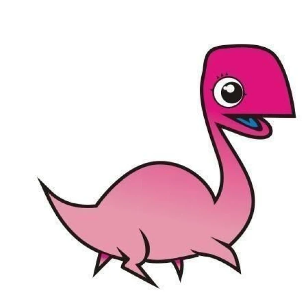 Naklejka z różowym dinozaurem o długiej szyi i otwartym pysku, pokazana na białym tle