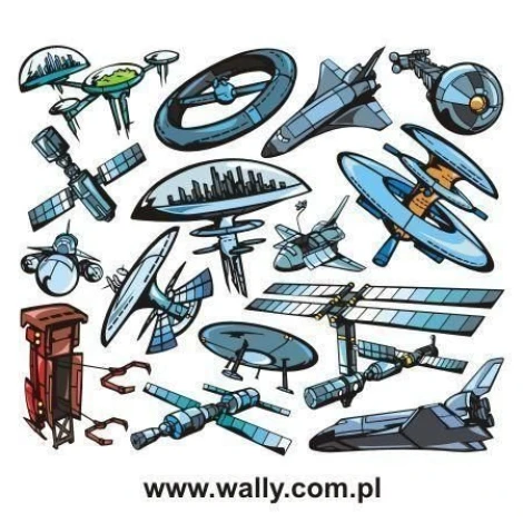 Zestaw naklejek kosmos 1000 - Wzór graficzny. Różne pojazdy kosmiczne, satelity i stacje orbitalne w intensywnych kolorach
