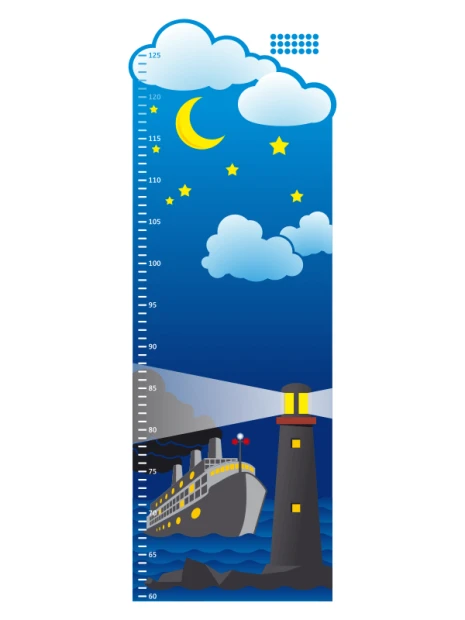 Naklejka miarka wzrostu 1145 - Wzór graficzny. Grafika przedstawia statek, latarnię morską, chmury i gwiazdy na nocnym