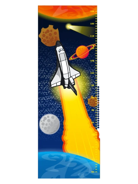 Naklejka miarka wzrostu 1147 - Wzór graficzny. Rakieta wznosi się w kosmosie, otoczona planetami i asteroidami