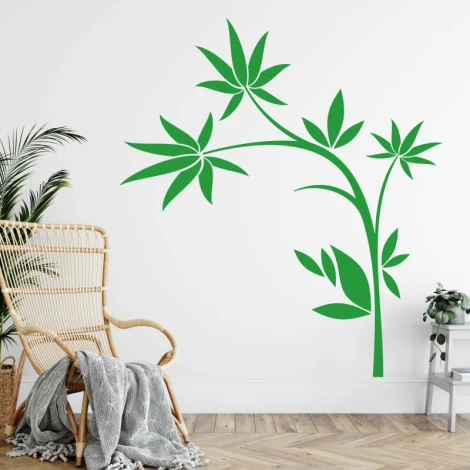 Szablon malarski japoński 09 - Aranżacja w salonie. Ściany w jasnym kolorze, naturalne meble i roślinność