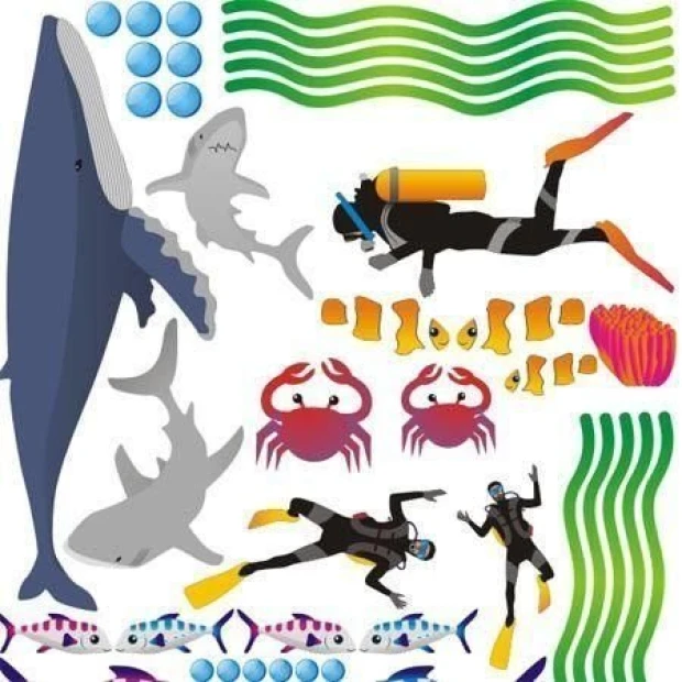 Zestaw naklejek ocean 1150 - Wzór graficzny. Wzór zawiera wieloryba, rekiny, nurków, kraby oraz różne kształty fal
