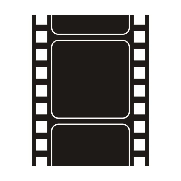 Naklejka kredowa w kształcie taśmy filmowej z wyciętymi kadrami i perforacją, pokazana na białym tle