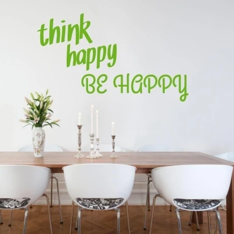 Szablon malarski 02X 16 think happy be happy 1744 - Aranżacja w jadalni. Stół drewniany z białymi krzesłami, na stole wazon