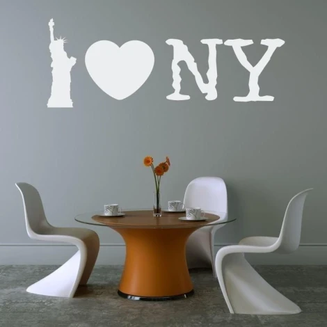 Szablon malarski 02X 19 i love ny 1732 - Aranżacja w jadalni. Stół okrągły z pomarańczowym blatem, białe krzesła