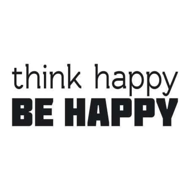 Szablon malarski z angielskim napisem think happy be happy przedstawiony jako czarna wizualizacja na białym tle