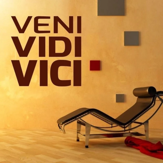 Szablon malarski 02X 23 veni vidi vici 1705 - Aranżacja w salonie. Ściany w ciepłym odcieniu, minimalistyczne meble