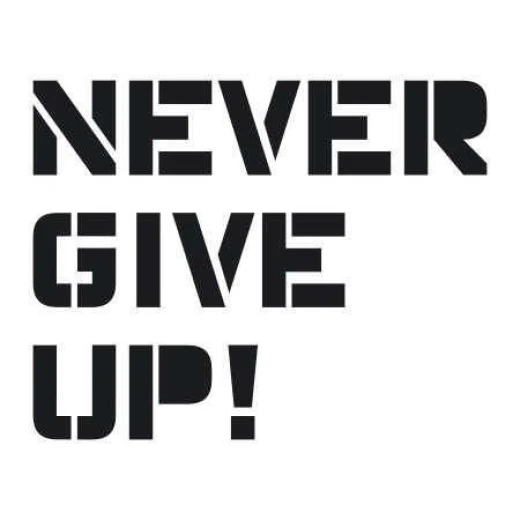 Naklejka z motywacyjnym napisem NEVER GIVE UP! w przykładowym czarnym kolorze, pokazana na białym tle