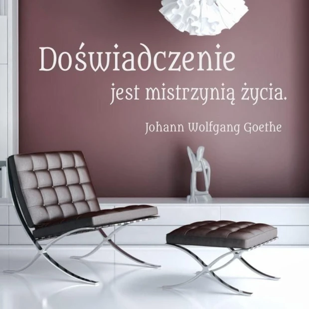 Szablon malarski 02X 19 cytat: doświadczenie 1768 - Aranżacja w salonie. Ściana w odcieniu ciemnego fioletu z nowoczesnymi