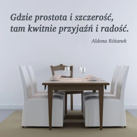 Szablon malarski 02X 20 cytat: gdzie prostota i szczerość 1766 - Aranżacja w jadalni. Stół z krzesłami na tle jasnej ściany