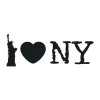 Naklejka 03X 25 I love NY 1732 - Wzór graficzny. Postać Statuy Wolności obok napisu I love NY w różnych stylizacjach liter