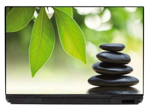 Naklejka na laptopa ogród zen 0052 - Wzór graficzny. Zielone liście i kamienie ułożone w stos na tle rozmytej zieleni