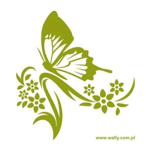Szablon malarski z motywem motyla w kwiatach na białym tle z przykładową zieloną kolorystyką