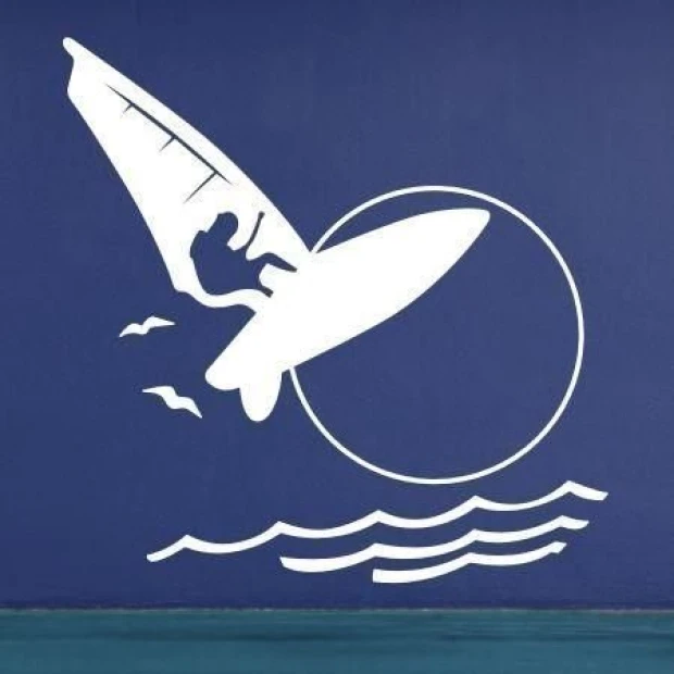 Szablon malarski windsurfing 1172 - Wzór graficzny. Postać windsurfera na desce, w tle okrąg symbolizujący słońce oraz fale