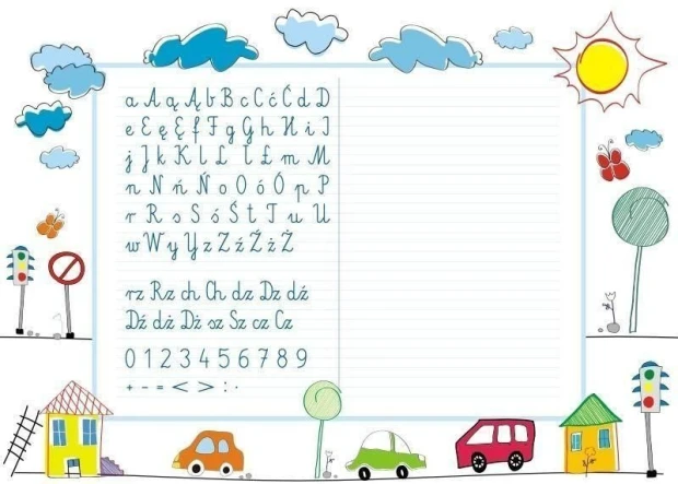 Tablica suchościeralna EDU nauka pisania 027 - Wzór graficzny. Na tablicy widoczne są litery, cyfry oraz rysunki chmur