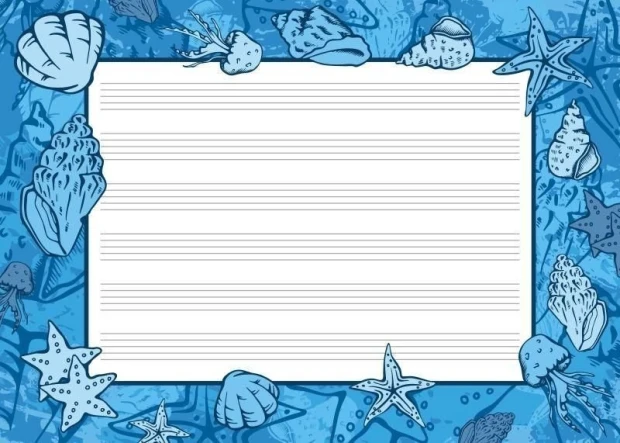 Tablica suchościeralna EDU pięciolinia 005 - Wzór graficzny. Na niebieskim tle znajdują się muszki, gwiazdy morskie i muszle