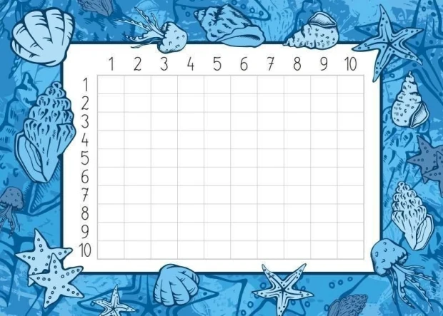 Tablica suchościeralna EDU tabliczka mnożenia 006 - Wzór graficzny. Na niebieskim tle znajdują się muszki i gwiazdy morskie