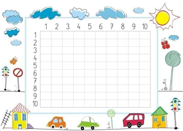 Tablica suchościeralna EDU tabliczka mnożenia 026 - Wzór graficzny. Na tle białym znajdują się chmurki, słońce, samochody