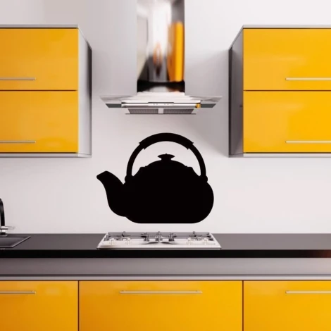 Naklejka kredowa 071 czajnik - Aranżacja w kuchni. Ściany w kolorze żółtym, nowoczesne meble w minimalistycznym stylu