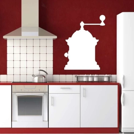 Tablica suchościeralna 056 młynek do kawy - Aranżacja w kuchni. Czerwone ściany, białe meble i metalowe akcesoria