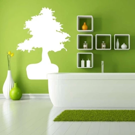 Tablica suchościeralna 011 drzewko bonsai - Aranżacja w łazience. Zielona ściana, biała wanna, półki z pojemnikami