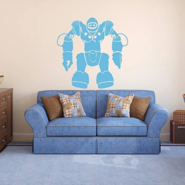 Naklejka 03X 22 robot 1841 - Aranżacja w salonie. Ściany w jasnym kolorze, niebieska sofa z poduszkami