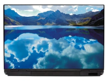 Naklejka na laptopa jezioro P165 - Wzór graficzny. Grafika przedstawia jezioro z górami w tle oraz odbicie chmur w wodzie