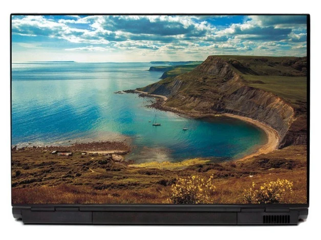 Naklejka na laptopa zatoka P334 - Wzór graficzny. Przedstawia widok na morze z klifami, łodzią i chmurami