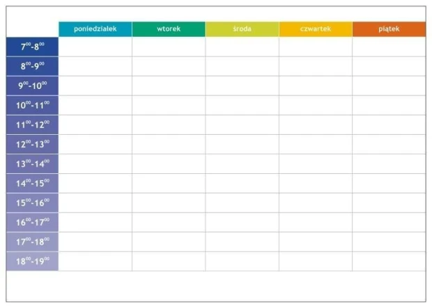 Tablica suchościeralna lean planer tygodniowy z godzinami 056 - Wzór graficzny. Prosta siatka z dniami tygodnia i godzinami