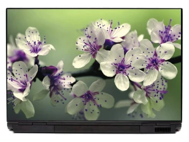 Naklejka na laptopa kwiaty P410 - Wzór graficzny. Kwiaty orchidei w odcieniach bieli i fioletu na ciemnym tle