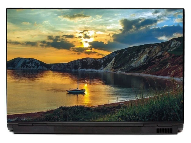 Naklejka na laptopa zatoka w blasku zachodzącego słońca P383 - Wzór graficzny. Zawiera widok na zatokę z łodzią na wodzie