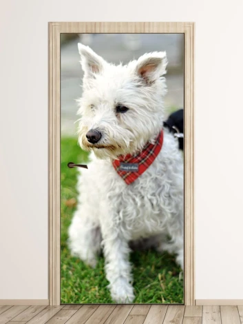 Fototapeta na drzwi pies P23 - Wzór graficzny. Grafika przedstawia białego psa z czerwonym szalikiem na tle trawy