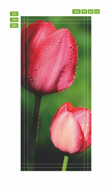 Fototapeta na drzwi z różowymi tulipanami w ujęciu z liniami pomocniczymi do docinania wymiaru