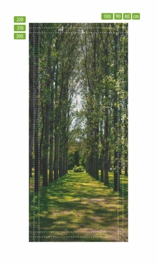 Fototapeta na drzwi z aleją drzew w formie infografiki pokazującej linie cięcia i wymiary produktu