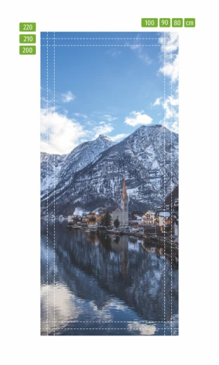 Fototapeta na drzwi z widokiem na Hallstatt w formie infografiki z liniami cięcia i wymiarami na białym tle