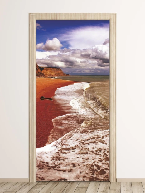 Fototapeta na drzwi ocean P97 - Aranżacja w salonie. Ściany w jasnych odcieniach, drewniana podłoga