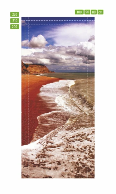 Fototapeta na drzwi ocean P97 - Wzór graficzny. Przedstawia plażę z falami, piaskiem i klifami pod niebem z chmurami