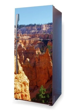 Okleina na lodówkę naklejka góry P102 - Aranżacja w kuchni. Lodówka z grafiką górskiego krajobrazu w odcieniach pomarańczy