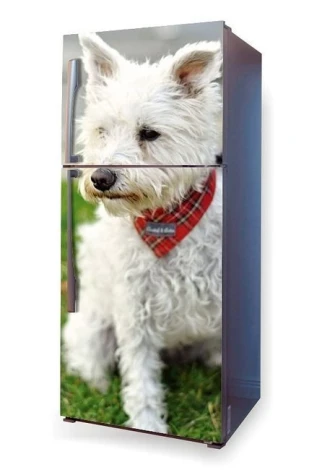 Okleina na lodówkę naklejka pies P23 - Wzór graficzny. Grafika przedstawia psa z białym futrem i czerwoną chustą