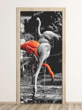 Fototapeta na drzwi flamingi P138 - Wzór graficzny. Grafika przedstawia flamingi w odcieniach szarości z jednym