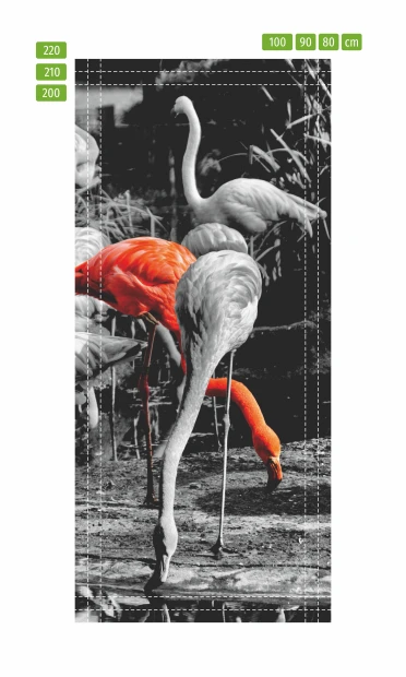 Fototapeta na drzwi flamingi P138 - Wzór graficzny. Flamingi w różnych pozach, część w kolorze szaro-białym, jeden