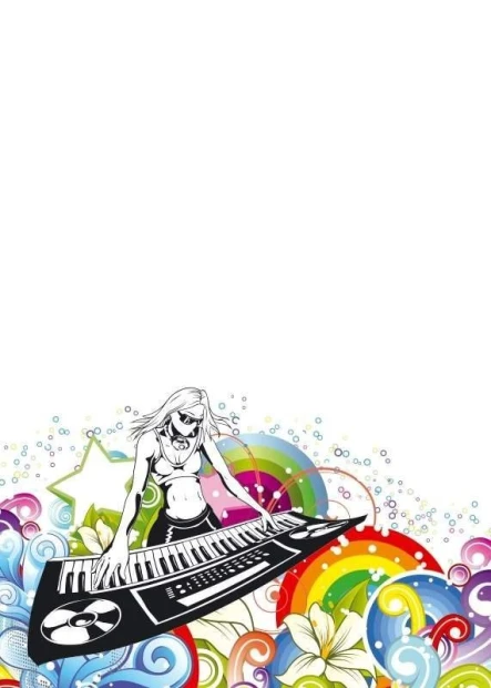 Tablica suchościeralna 151 muzyka - Wzór graficzny. Grafika przedstawia postać grającą na keyboardzie, otoczoną kolorowymi