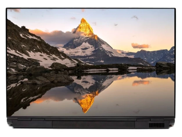 Naklejka na laptopa szczyt w słońcu P447 - Wzór graficzny. Góra odbijająca się w wodzie, ciepłe kolory zachodu słońca