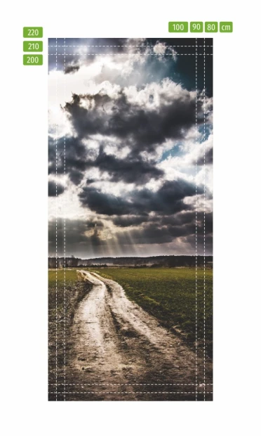 Fototapeta na drzwi z motywem polnej drogi, przedstawiona jako infografika z liniami cięcia i wymiarami