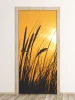 Fototapeta na drzwi trawy P493 - Wzór graficzny. Ciemne sylwetki traw na tle pomarańczowego nieba
