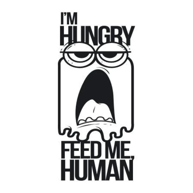 Naklejka 03X 01 i am hungry feed me human 1911 - Wzór graficzny. Grafika przedstawia twarz z dużymi oczami i otwartą buzią