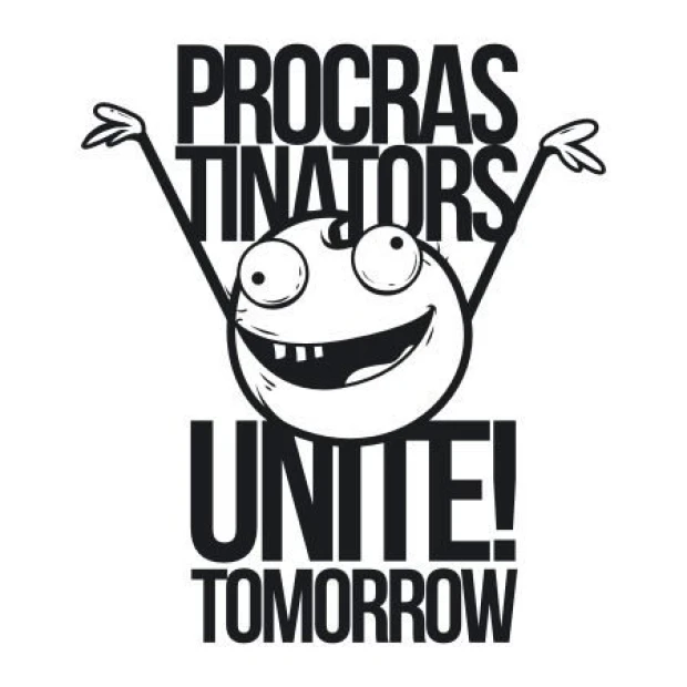 Naklejka 03X 04 procrastinators unite tomorrow 1912 - Wzór graficzny. Grafika przedstawia uśmiechniętą postać z dużymi