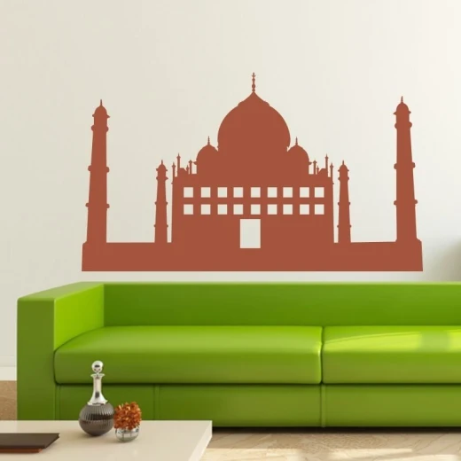 Naklejka ścienna z motywem świątyni Taj Mahal w przykładowym brązowym kolorze naklejona na ścianę